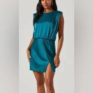 Aster The Label Satin Strong Shoulder Mini Dress in Teal Size XS NWT